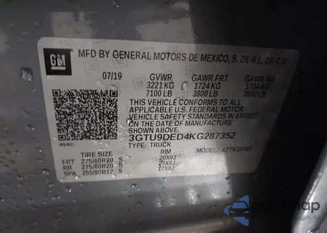 2019 GMC Sierra 1500 Slt z USA, uszkodzony, nr VIN 3GTU9DED4KG287352